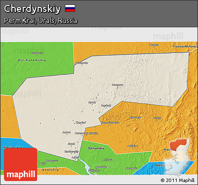 Shaded Relief 3D Map of Cherdynskiy, political outside