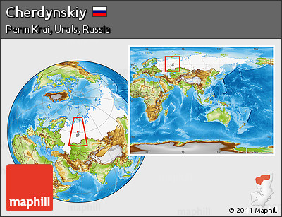 Physical Location Map of Cherdynskiy, highlighted country, highlighted parent region, within the entire country