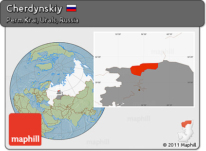 Savanna Style Location Map of Cherdynskiy, highlighted country, highlighted grandparent region, hill shading