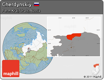 Savanna Style Location Map of Cherdynskiy, highlighted country, highlighted grandparent region, hill shading