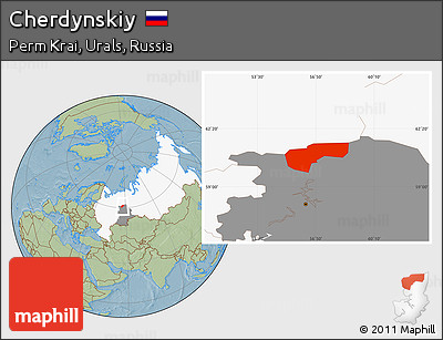 Savanna Style Location Map of Cherdynskiy, highlighted country, highlighted grandparent region, hill shading