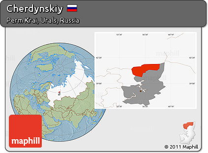 Savanna Style Location Map of Cherdynskiy, highlighted country, highlighted parent region, hill shading