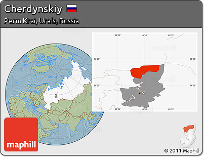 Savanna Style Location Map of Cherdynskiy, highlighted country, highlighted parent region, hill shading