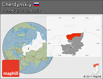 Savanna Style Location Map of Cherdynskiy, highlighted country, highlighted parent region, hill shading