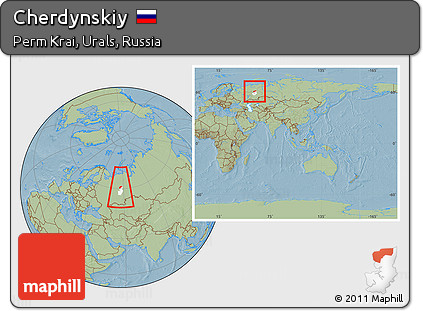 Savanna Style Location Map of Cherdynskiy, highlighted parent region, within the entire country, hill shading