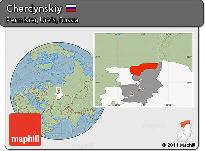 Savanna Style Location Map of Cherdynskiy, highlighted parent region, highlighted grandparent region, hill shading
