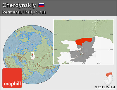 Savanna Style Location Map of Cherdynskiy, highlighted parent region, highlighted grandparent region, hill shading