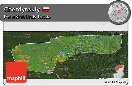 Satellite Panoramic Map of Cherdynskiy, darken