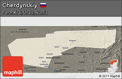 Shaded Relief Panoramic Map of Cherdynskiy, darken
