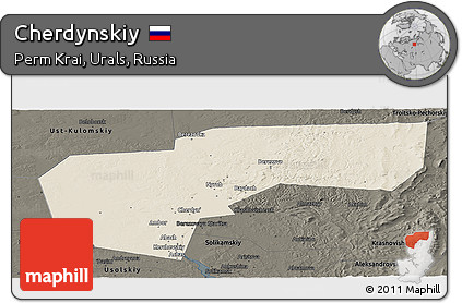 Shaded Relief Panoramic Map of Cherdynskiy, darken
