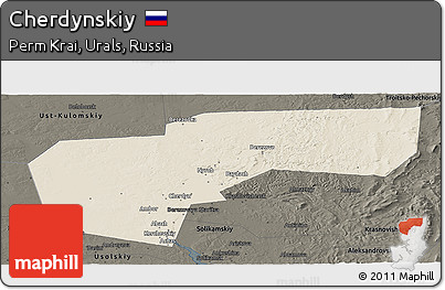 Shaded Relief Panoramic Map of Cherdynskiy, darken