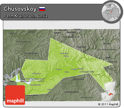 Physical 3D Map of Chusovskoy, darken, semi-desaturated