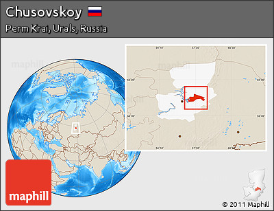 Shaded Relief Location Map of Chusovskoy, highlighted parent region