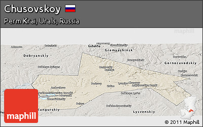 Shaded Relief Panoramic Map of Chusovskoy, semi-desaturated