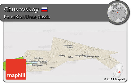 Shaded Relief Panoramic Map of Chusovskoy, single color outside