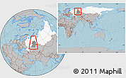 Gray Location Map of Dobryanskiy, highlighted country, highlighted grandparent region, within the entire country, hill shading