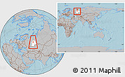 Gray Location Map of Dobryanskiy, highlighted grandparent region, within the entire country, hill shading