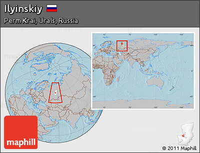 Gray Location Map of Ilyinskiy, highlighted parent region, within the entire country, hill shading