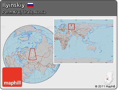 Gray Location Map of Ilyinskiy, highlighted parent region, within the entire country, hill shading