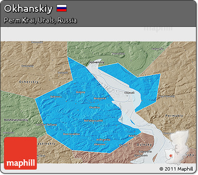 Political 3D Map of Okhanskiy, semi-desaturated