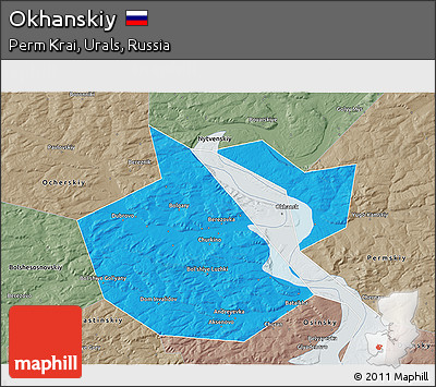 Political 3D Map of Okhanskiy, semi-desaturated