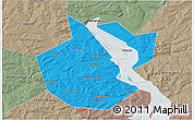 Political 3D Map of Okhanskiy, semi-desaturated
