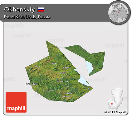 Satellite 3D Map of Okhanskiy, cropped outside