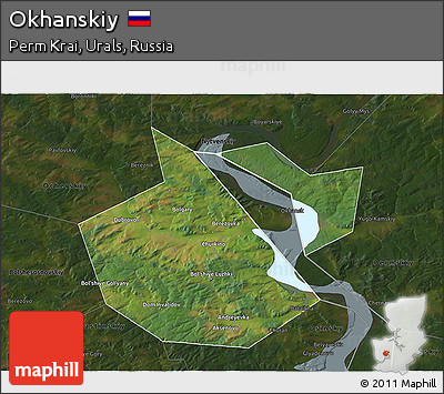 Satellite 3D Map of Okhanskiy, darken