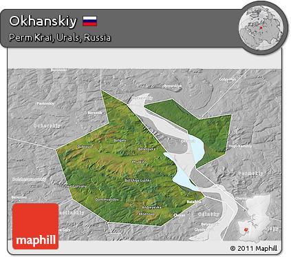 Satellite 3D Map of Okhanskiy, lighten, desaturated