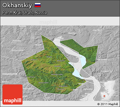 Satellite 3D Map of Okhanskiy, lighten, desaturated