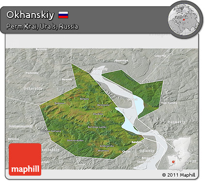 Satellite 3D Map of Okhanskiy, lighten, semi-desaturated