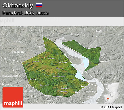 Satellite 3D Map of Okhanskiy, lighten, semi-desaturated