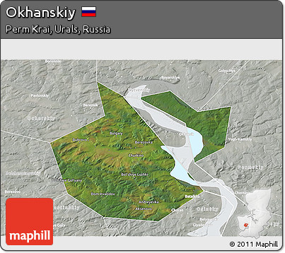 Satellite 3D Map of Okhanskiy, lighten, semi-desaturated