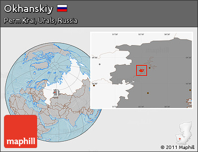 Gray Location Map of Okhanskiy, highlighted country, highlighted grandparent region, hill shading