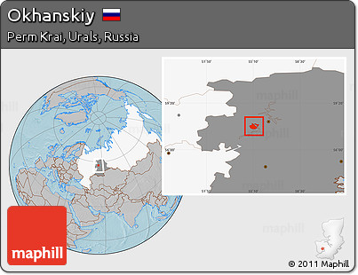 Gray Location Map of Okhanskiy, highlighted country, highlighted grandparent region, hill shading