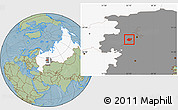 Savanna Style Location Map of Okhanskiy, highlighted country, highlighted grandparent region, hill shading