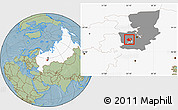 Savanna Style Location Map of Okhanskiy, highlighted country, highlighted parent region, hill shading