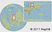 Savanna Style Location Map of Okhanskiy, highlighted grandparent region, within the entire country, hill shading