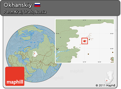 Savanna Style Location Map of Okhanskiy, highlighted grandparent region, hill shading