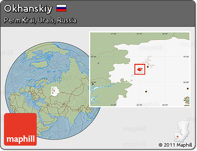 Savanna Style Location Map of Okhanskiy, highlighted grandparent region, hill shading