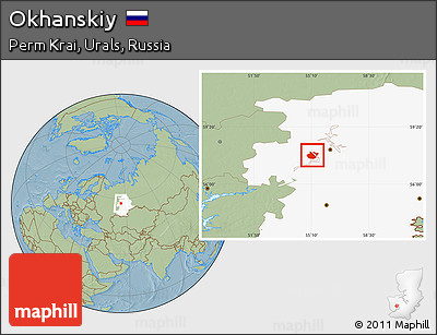 Savanna Style Location Map of Okhanskiy, highlighted grandparent region, hill shading