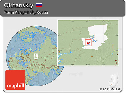 Savanna Style Location Map of Okhanskiy, highlighted parent region, hill shading