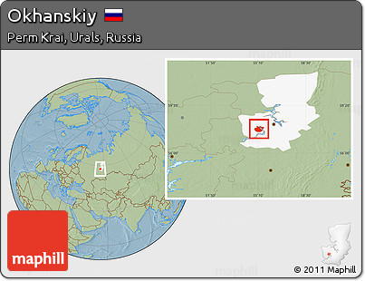Savanna Style Location Map of Okhanskiy, highlighted parent region, hill shading