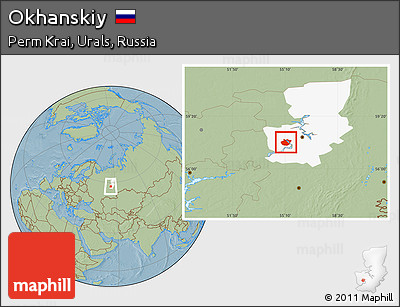 Savanna Style Location Map of Okhanskiy, highlighted parent region, hill shading
