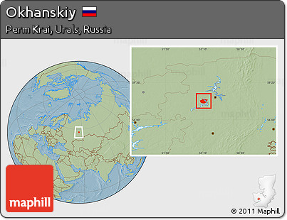 Savanna Style Location Map of Okhanskiy, hill shading