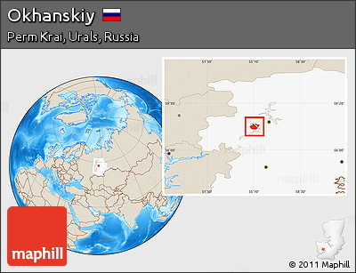 Shaded Relief Location Map of Okhanskiy, highlighted grandparent region