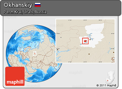 Shaded Relief Location Map of Okhanskiy, highlighted parent region