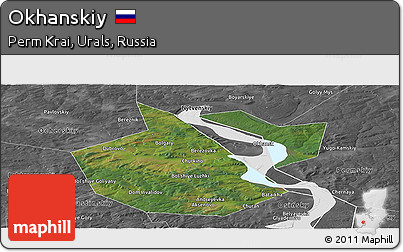 Satellite Panoramic Map of Okhanskiy, desaturated