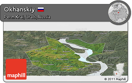Satellite Panoramic Map of Okhanskiy, semi-desaturated