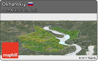 Satellite Panoramic Map of Okhanskiy, semi-desaturated